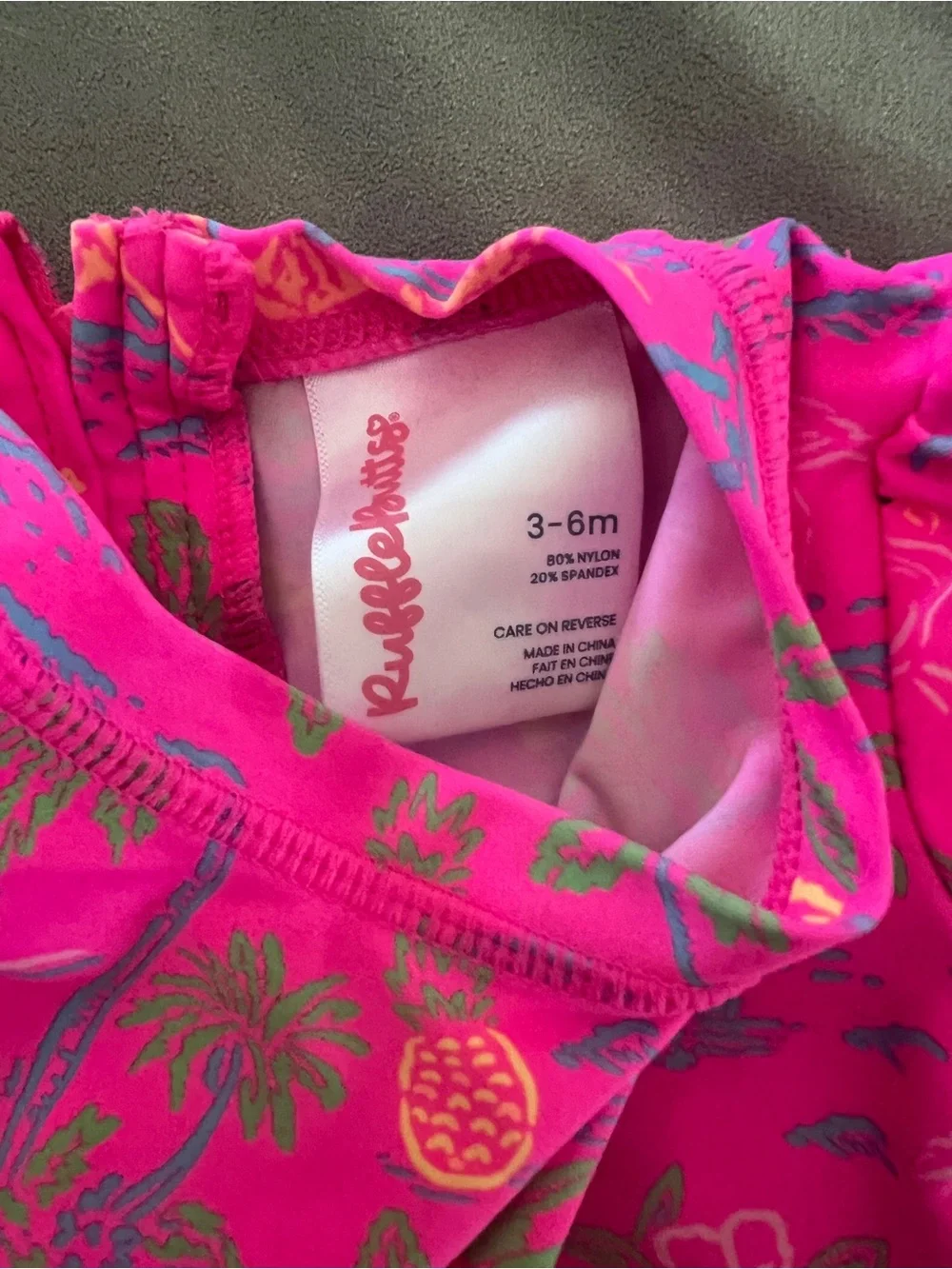 Ruffle Butts Bright Pink Tropical Print Kids Rashguard